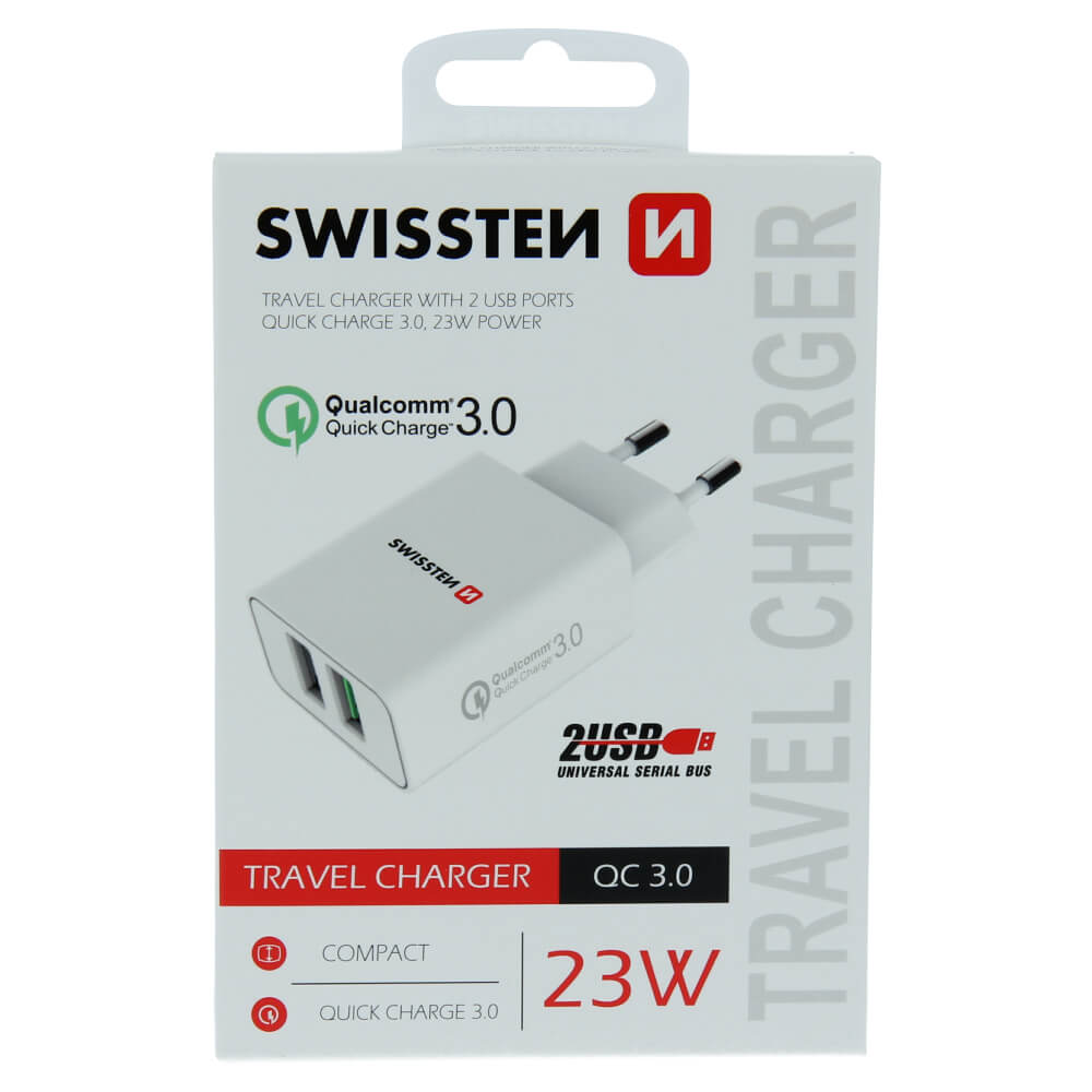 Sieťový adaptér Swissten 2x USB QC 3.0 + USB, 23W - biely